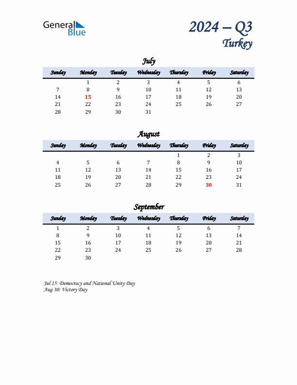 July, August, and September Calendar for Turkey with Sunday Start