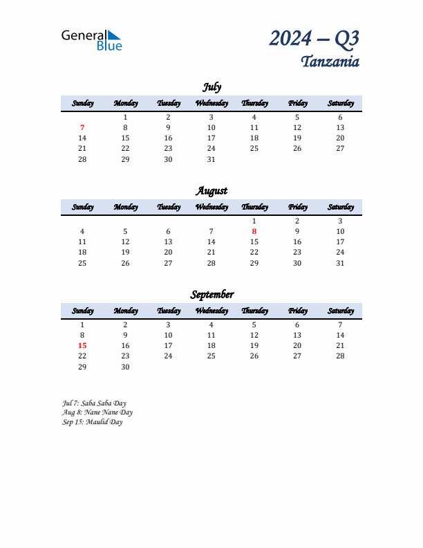 July, August, and September Calendar for Tanzania with Sunday Start