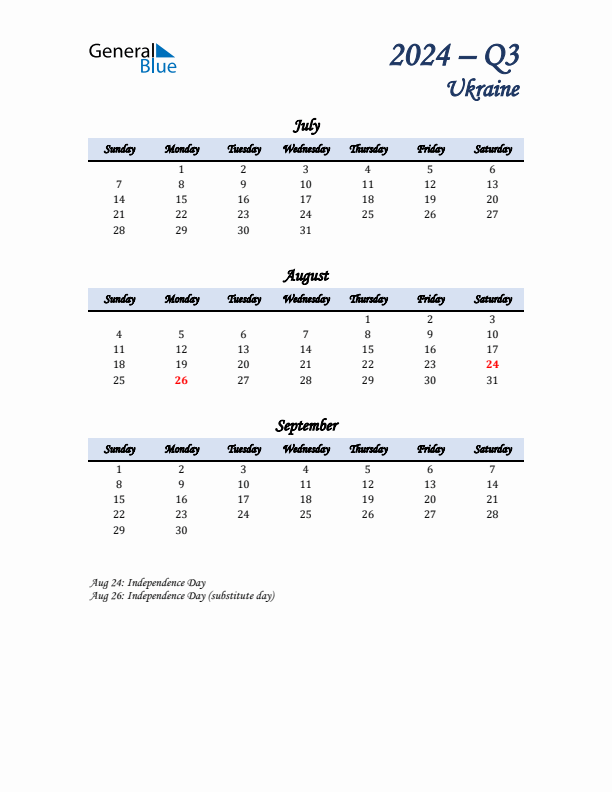 July, August, and September Calendar for Ukraine with Sunday Start