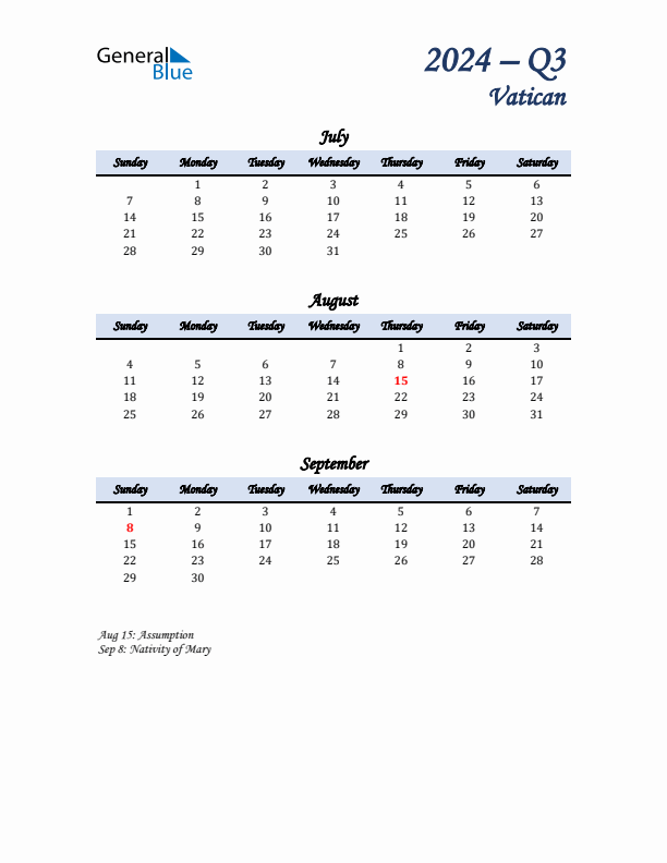 July, August, and September Calendar for Vatican with Sunday Start