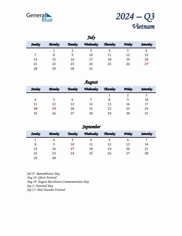 July, August, and September Calendar for Vietnam with Sunday Start