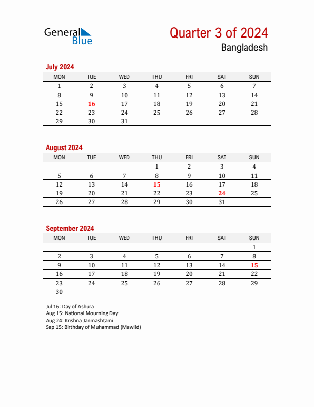 Printable Three Month Calendar with Bangladesh Holidays