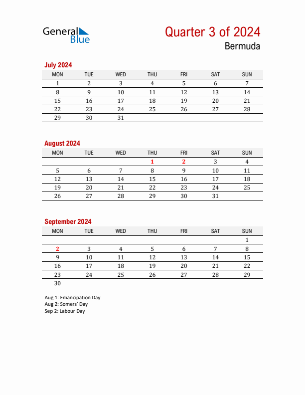 Printable Three Month Calendar with Bermuda Holidays