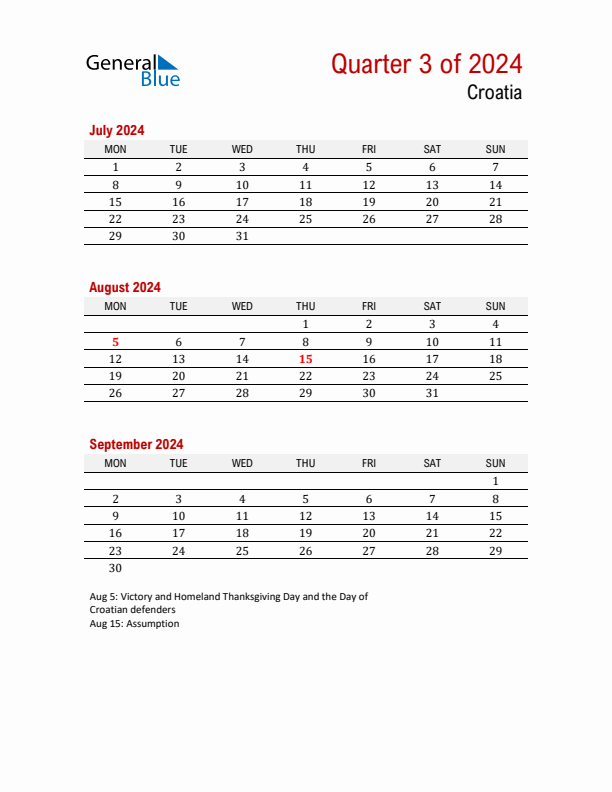 Printable Three Month Calendar with Croatia Holidays