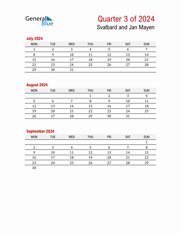 Printable Three Month Calendar with Svalbard and Jan Mayen Holidays