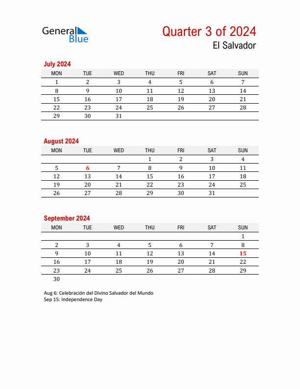 Printable Three Month Calendar with El Salvador Holidays