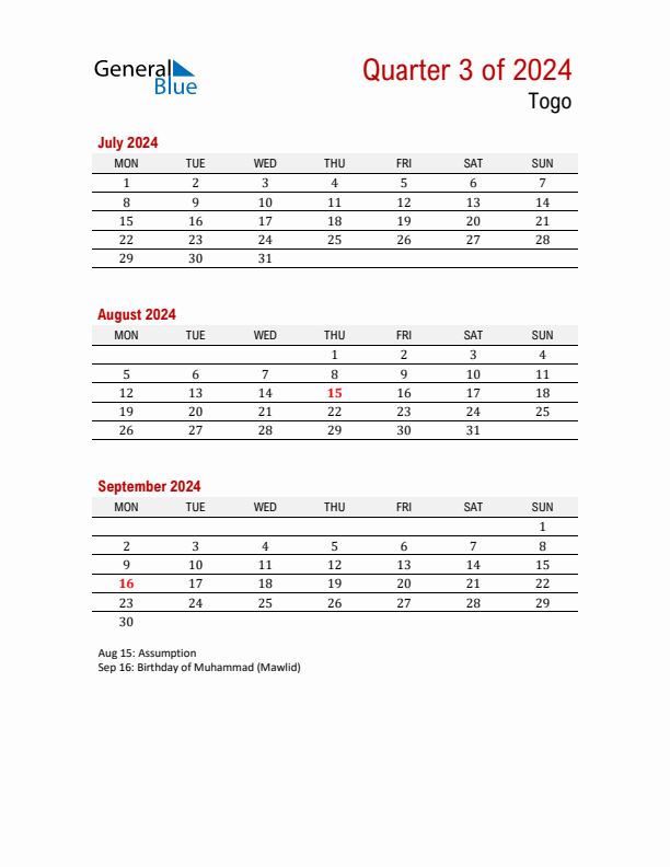 Printable Three Month Calendar with Togo Holidays