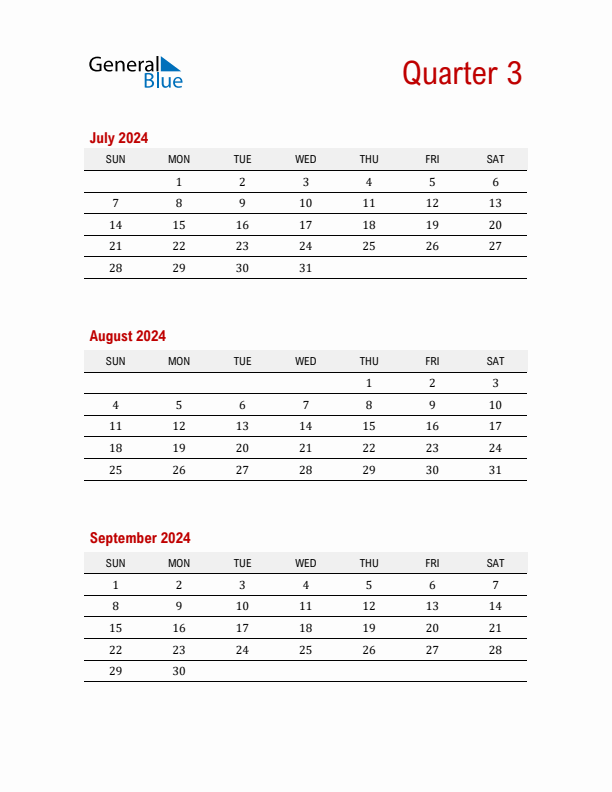 Three-Month Printable Calendar 2024