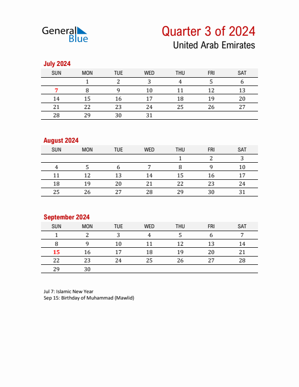 Printable Three Month Calendar with United Arab Emirates Holidays