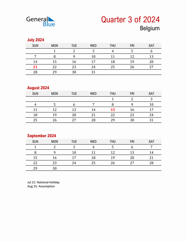 Printable Three Month Calendar with Belgium Holidays