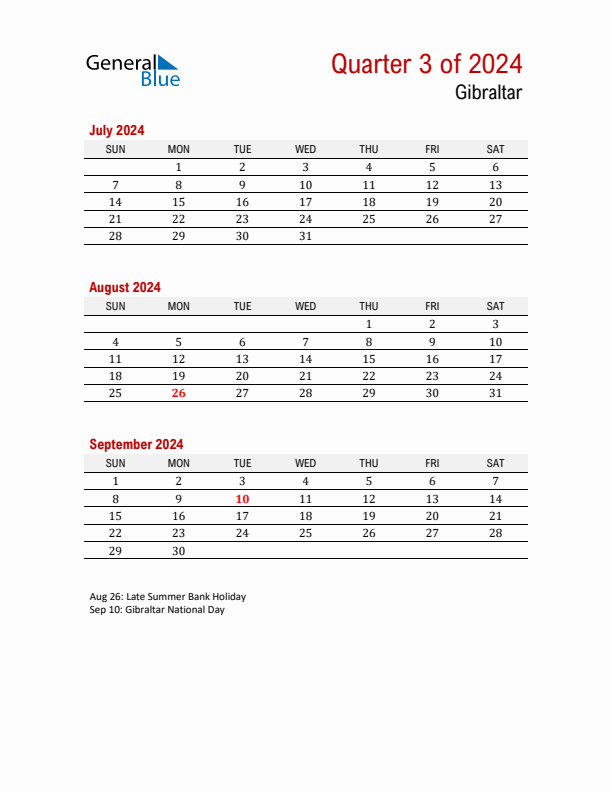 Printable Three Month Calendar with Gibraltar Holidays