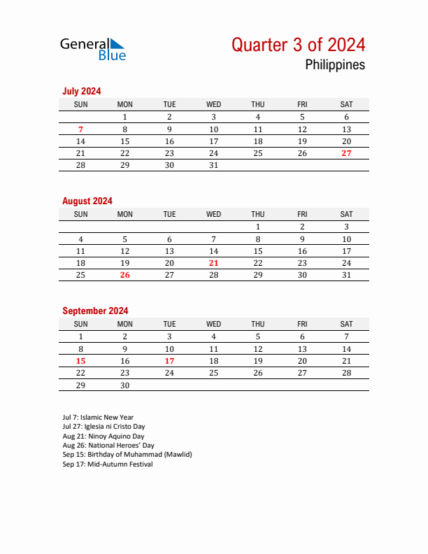 Printable Three Month Calendar with Philippines Holidays