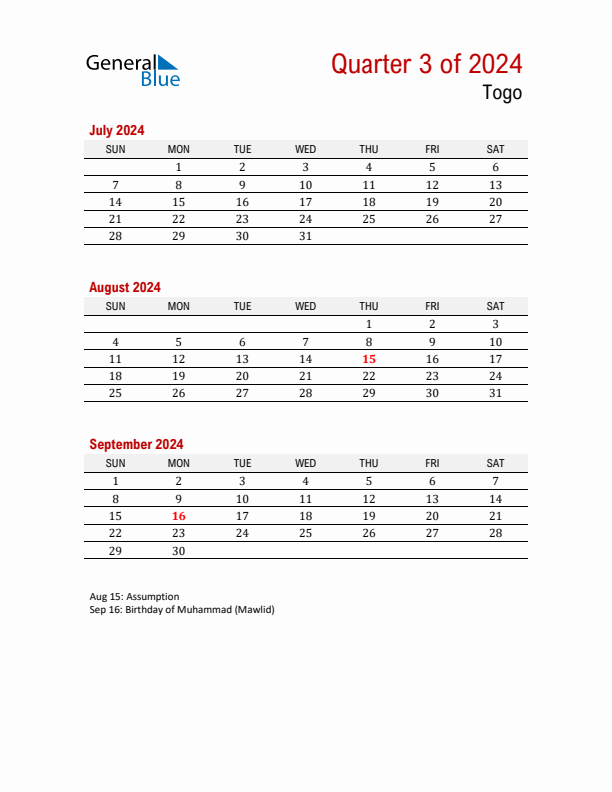 Printable Three Month Calendar with Togo Holidays