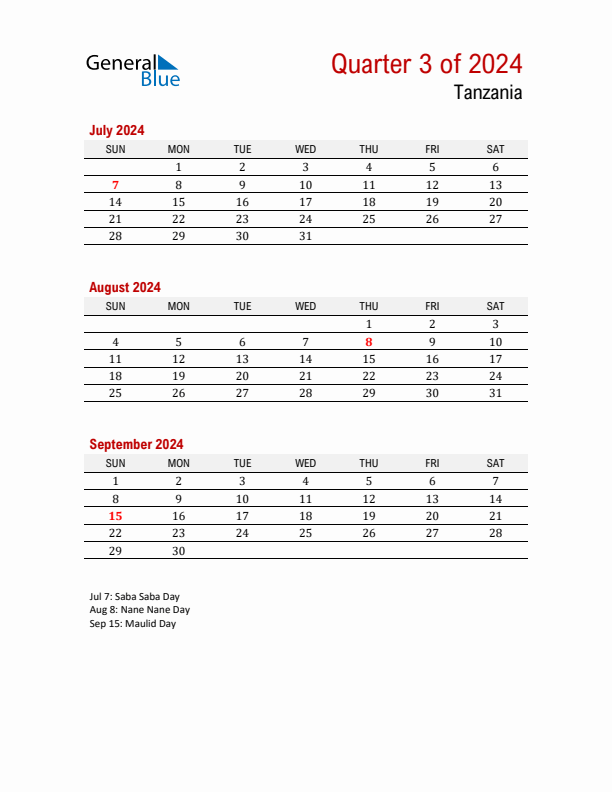 Printable Three Month Calendar with Tanzania Holidays