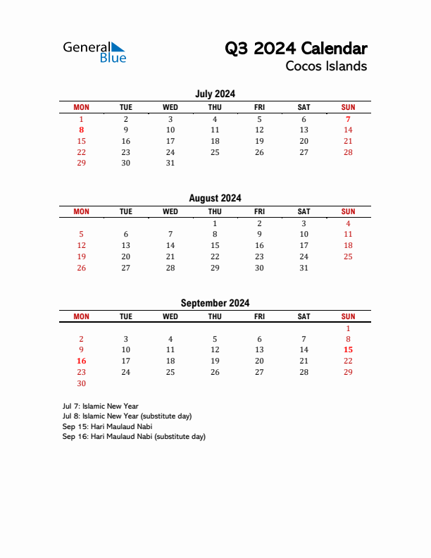 2024 Q3 Calendar with Holidays List for Cocos Islands