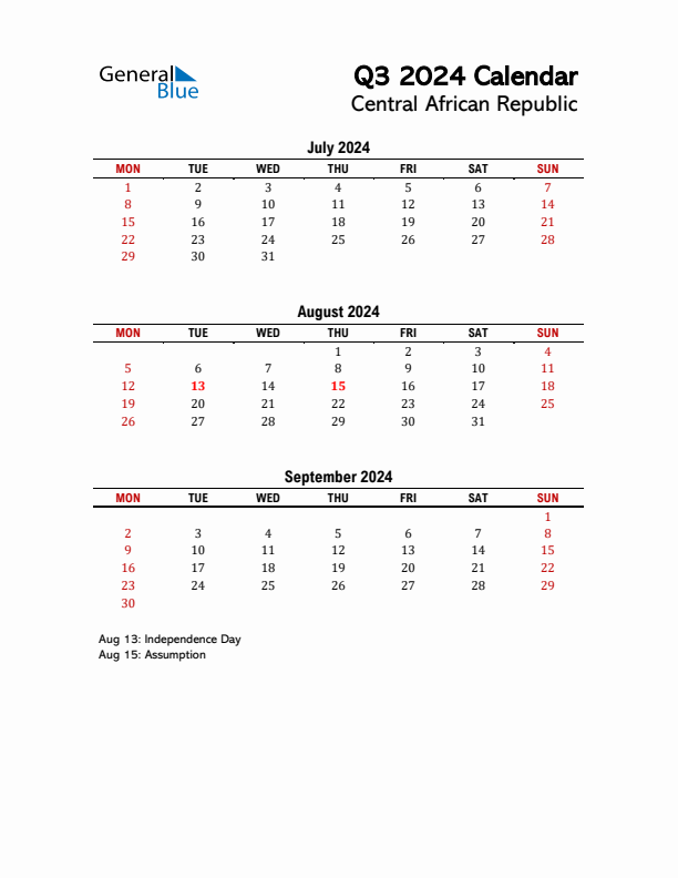 2024 Q3 Calendar with Holidays List for Central African Republic