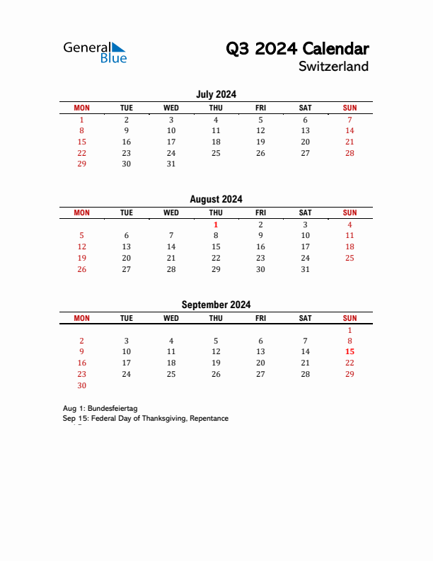 2024 Q3 Calendar with Holidays List for Switzerland