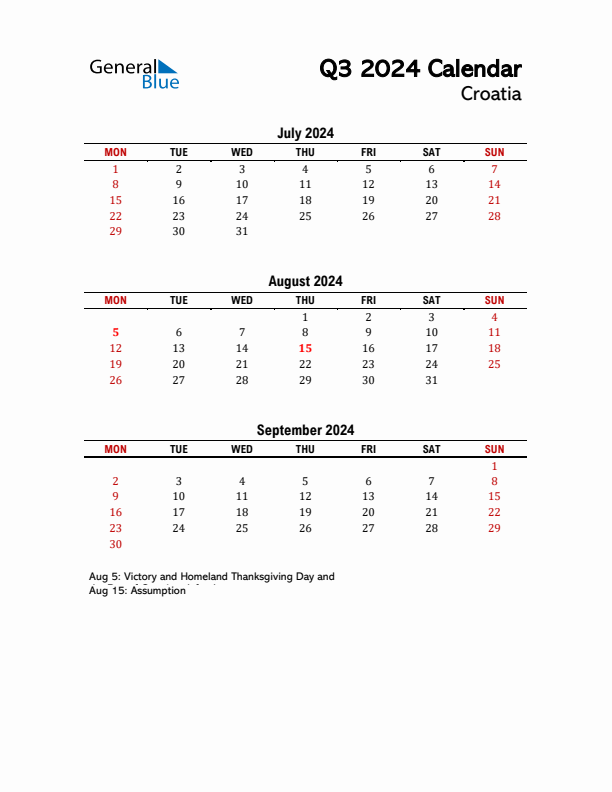 2024 Q3 Calendar with Holidays List for Croatia