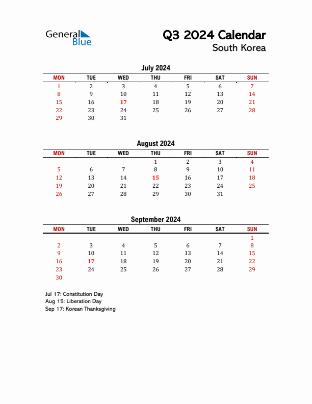 2024 Q3 Calendar with Holidays List for South Korea