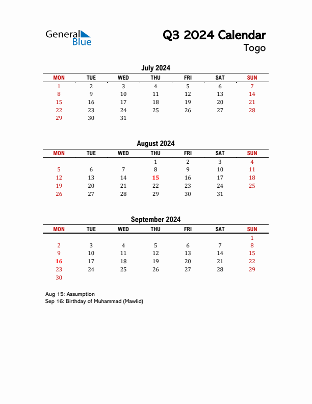 2024 Q3 Calendar with Holidays List for Togo