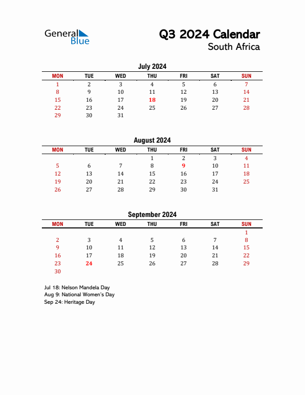 2024 Q3 Calendar with Holidays List for South Africa