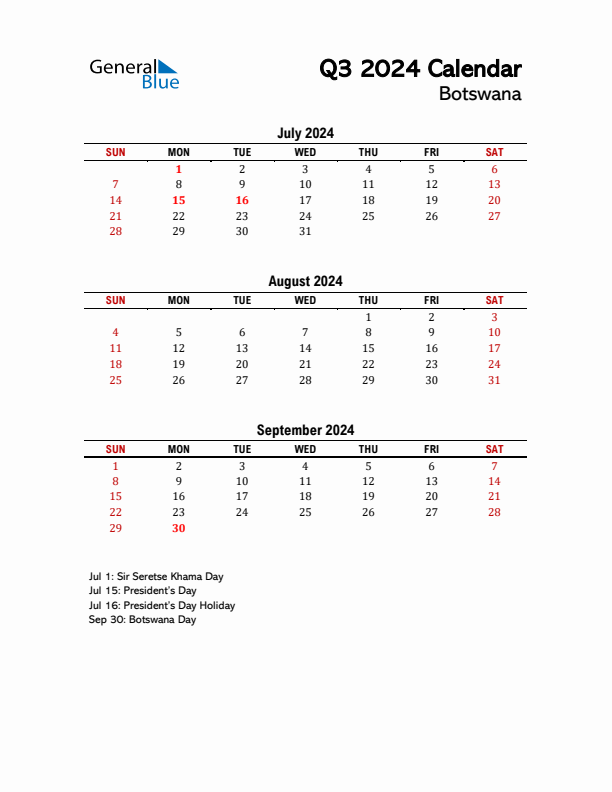 2024 Q3 Calendar with Holidays List for Botswana