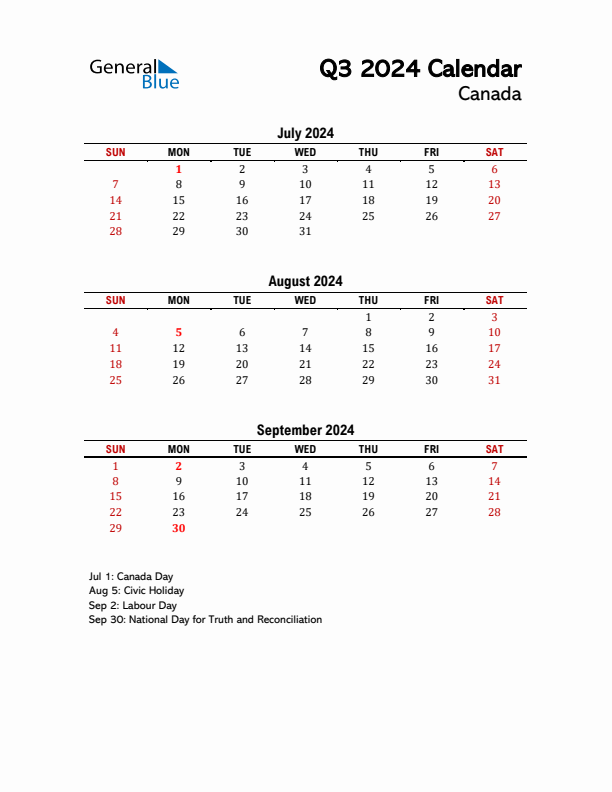 2024 Q3 Calendar with Holidays List for Canada