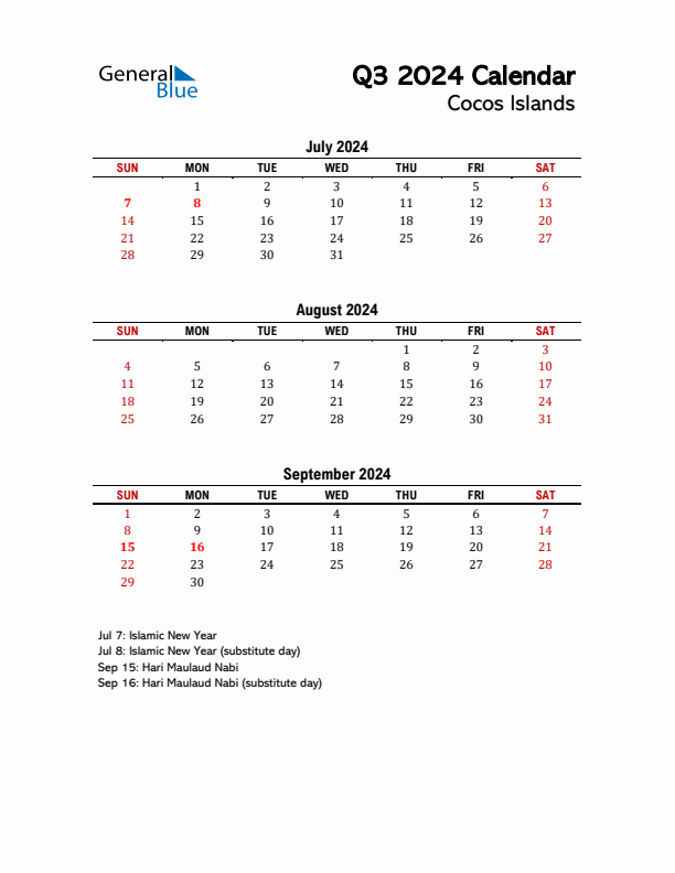 2024 Q3 Calendar with Holidays List for Cocos Islands