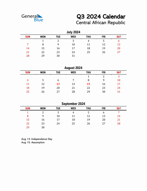 2024 Q3 Calendar with Holidays List for Central African Republic