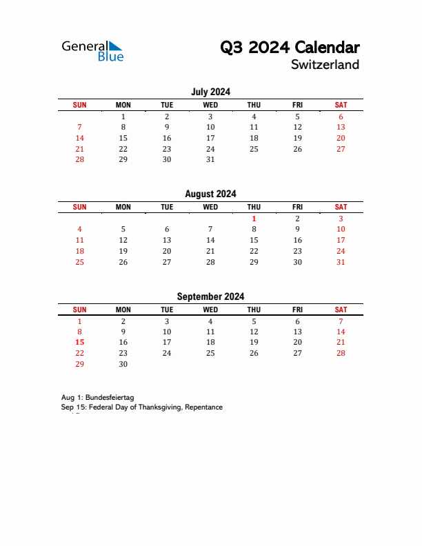 2024 Q3 Calendar with Holidays List for Switzerland