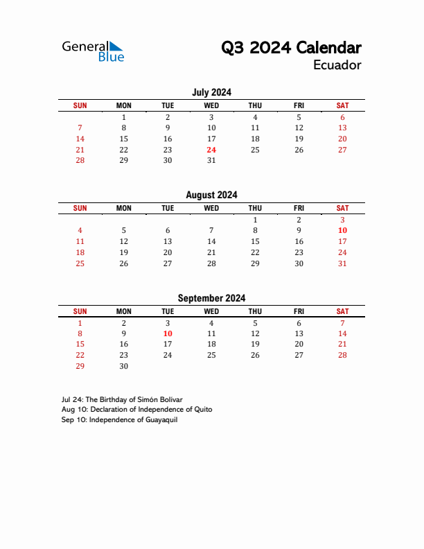 2024 Q3 Calendar with Holidays List for Ecuador