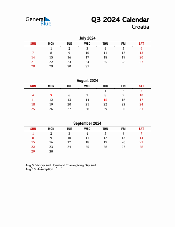 2024 Q3 Calendar with Holidays List for Croatia