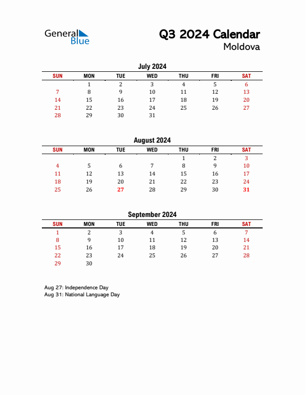 2024 Q3 Calendar with Holidays List for Moldova