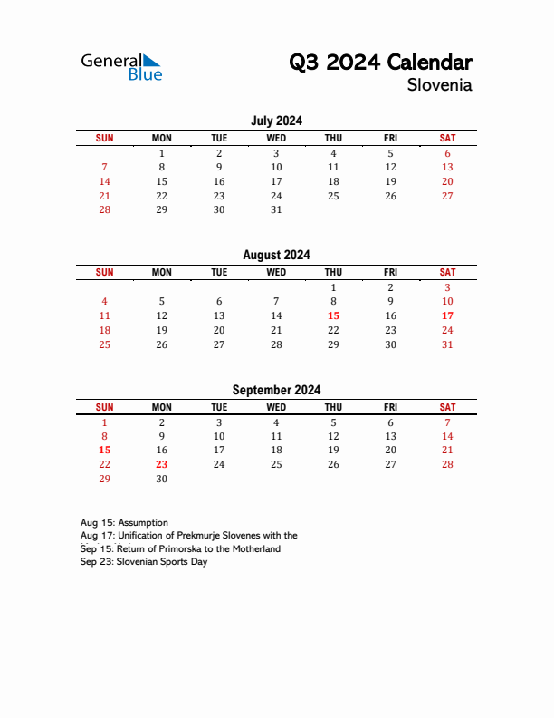 2024 Q3 Calendar with Holidays List for Slovenia