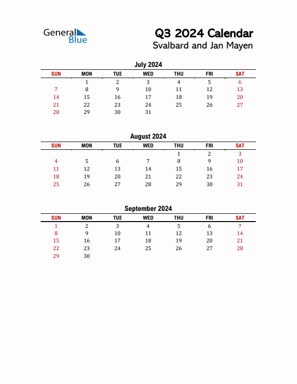 2024 Q3 Calendar with Holidays List for Svalbard and Jan Mayen