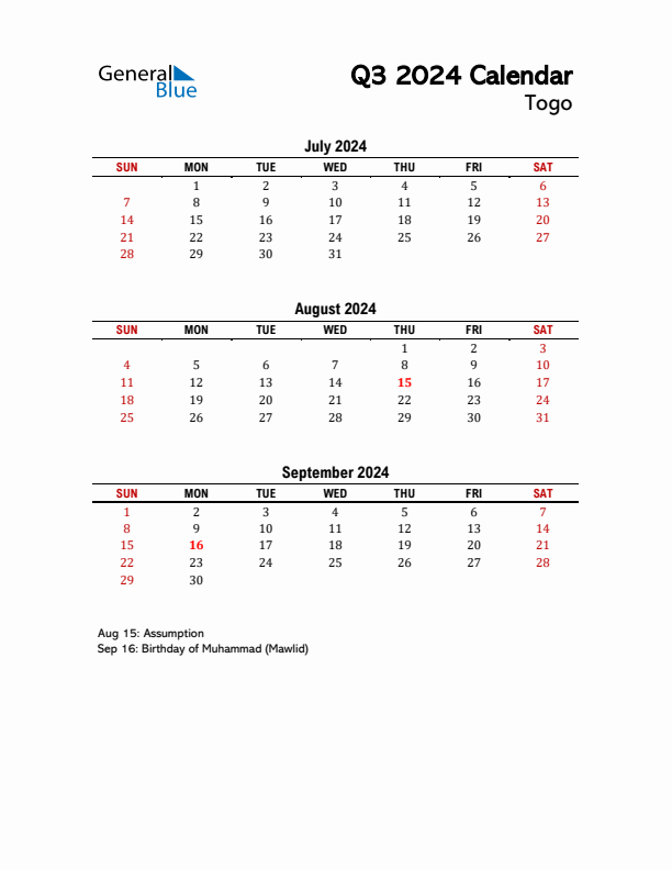 2024 Q3 Calendar with Holidays List for Togo