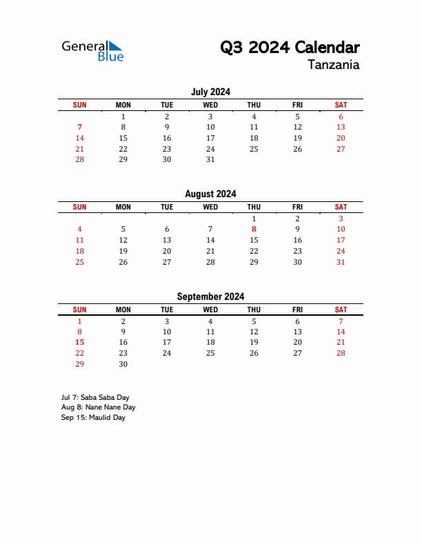 2024 Q3 Calendar with Holidays List for Tanzania