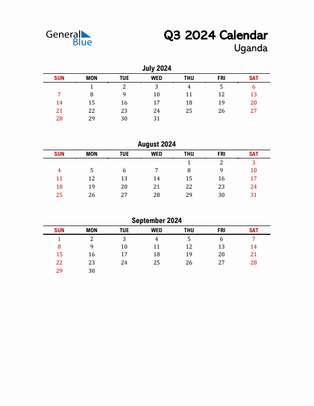 2024 Q3 Calendar with Holidays List for Uganda