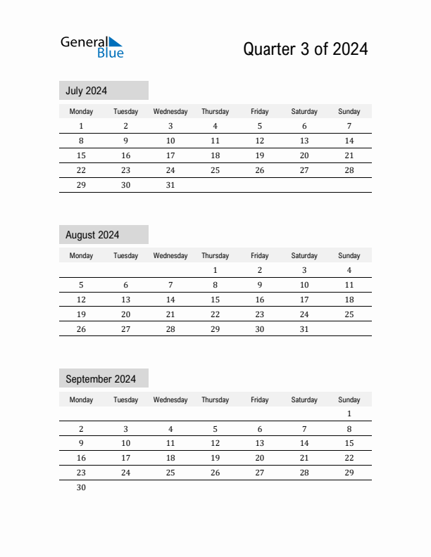 July, August, and September Calendar 2024