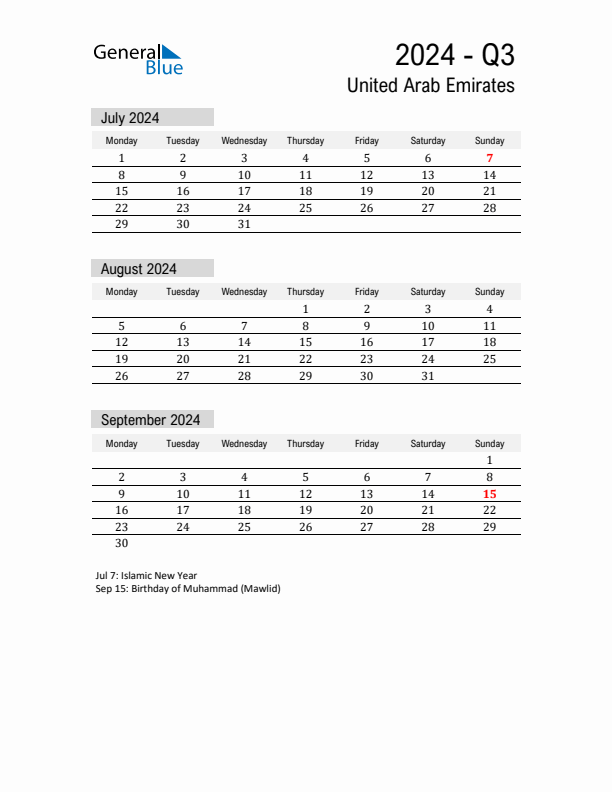 United Arab Emirates Quarter 3 2024 Calendar with Holidays