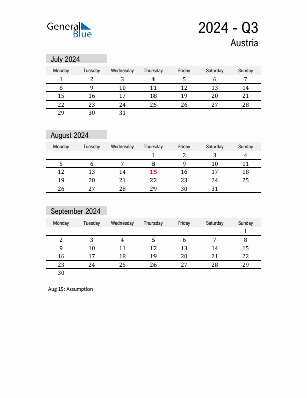 Austria Quarter 3 2024 Calendar with Holidays