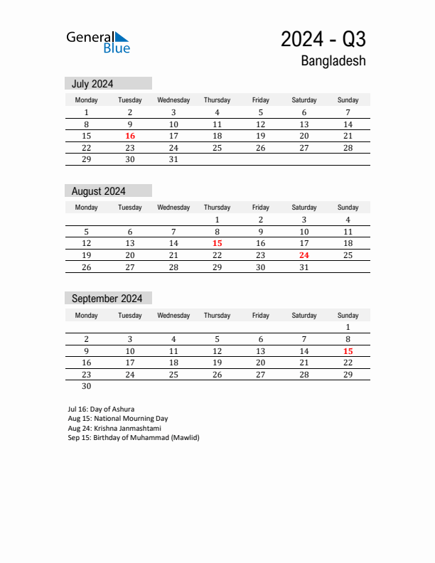 Bangladesh Quarter 3 2024 Calendar with Holidays