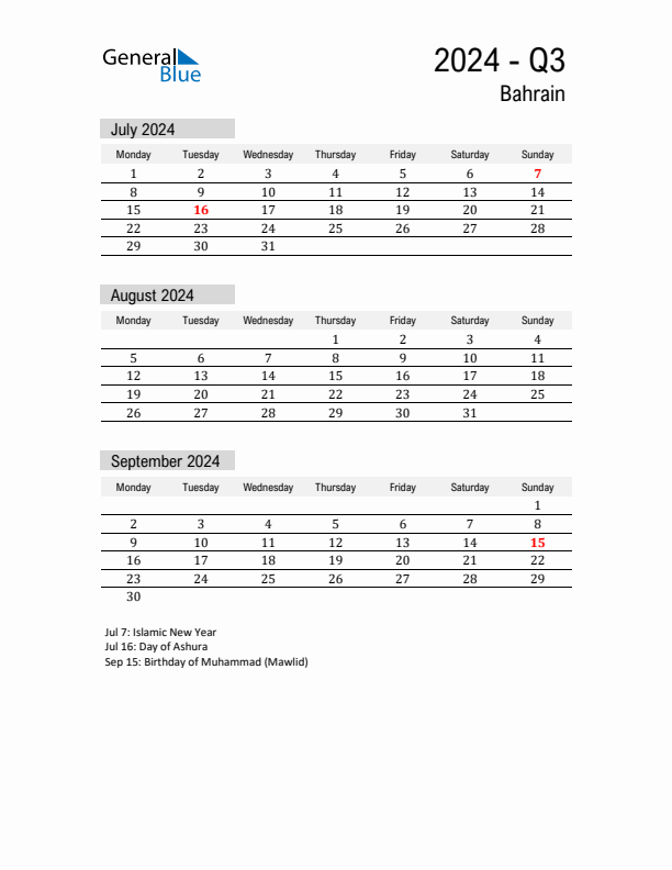 Bahrain Quarter 3 2024 Calendar with Holidays