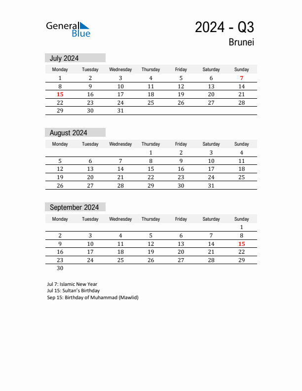 Brunei Quarter 3 2024 Calendar with Holidays