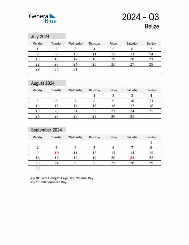 Belize Quarter 3 2024 Calendar with Holidays