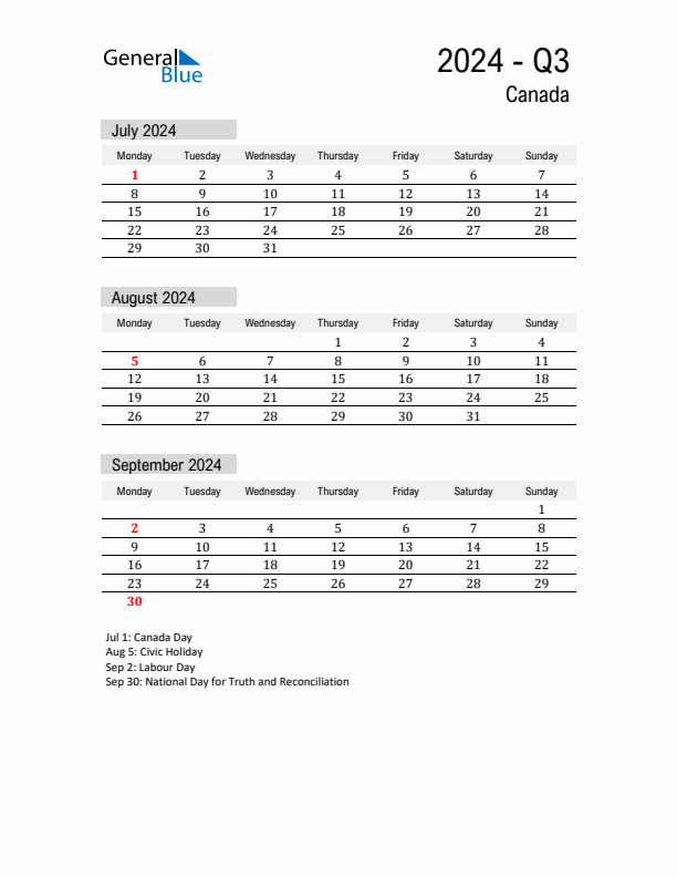 Canada Quarter 3 2024 Calendar with Holidays