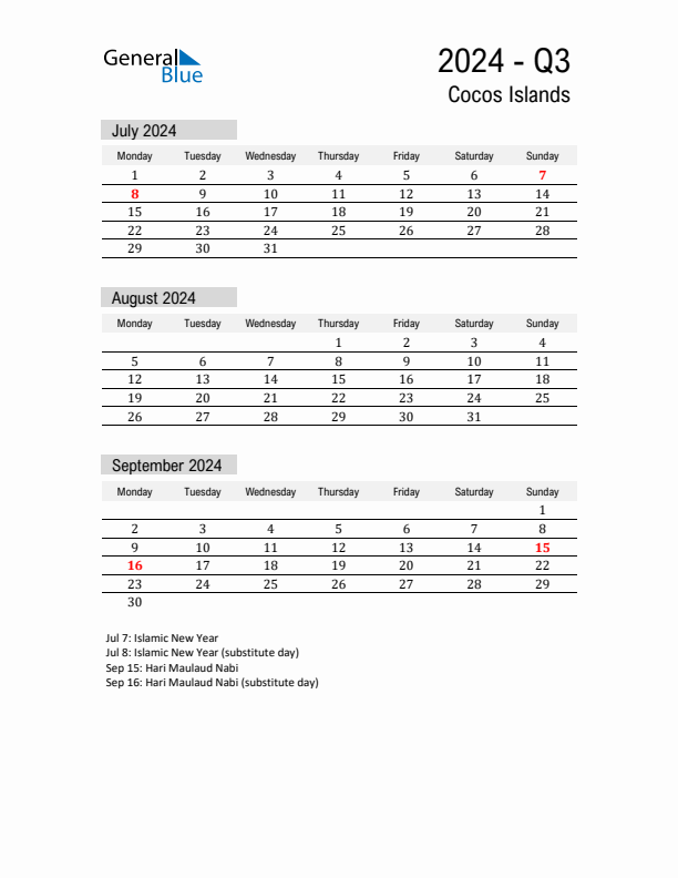 Cocos Islands Quarter 3 2024 Calendar with Holidays