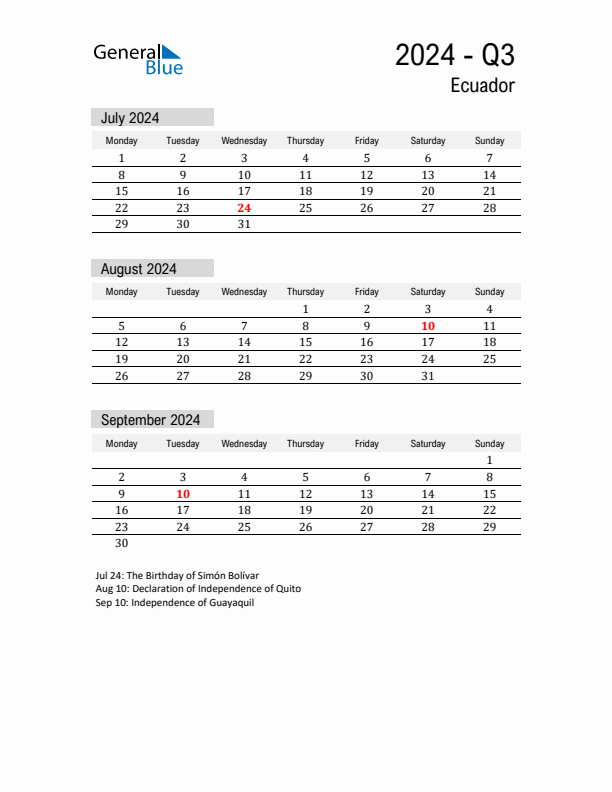 Ecuador Quarter 3 2024 Calendar with Holidays