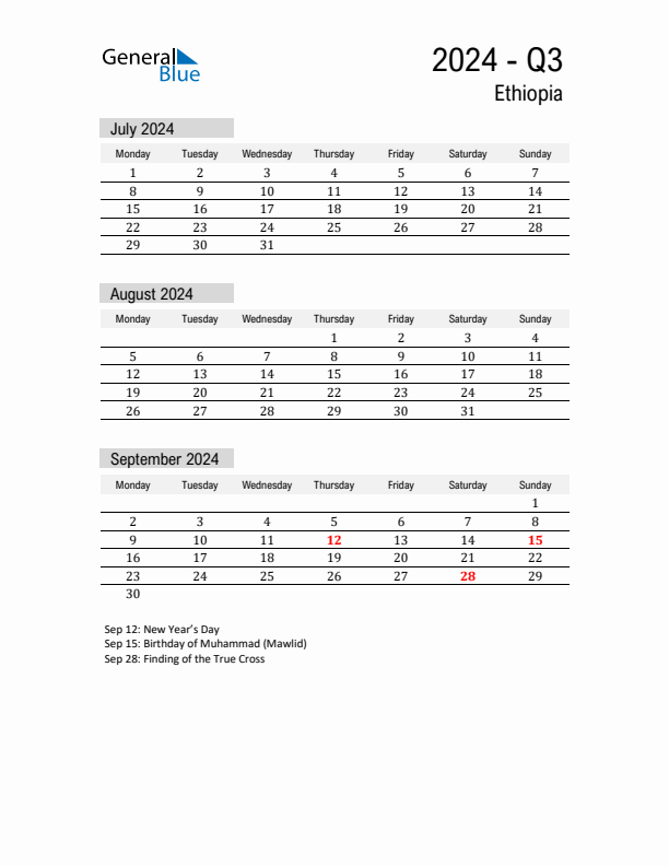 Ethiopia Quarter 3 2024 Calendar with Holidays