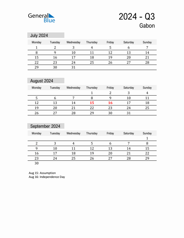 Gabon Quarter 3 2024 Calendar with Holidays